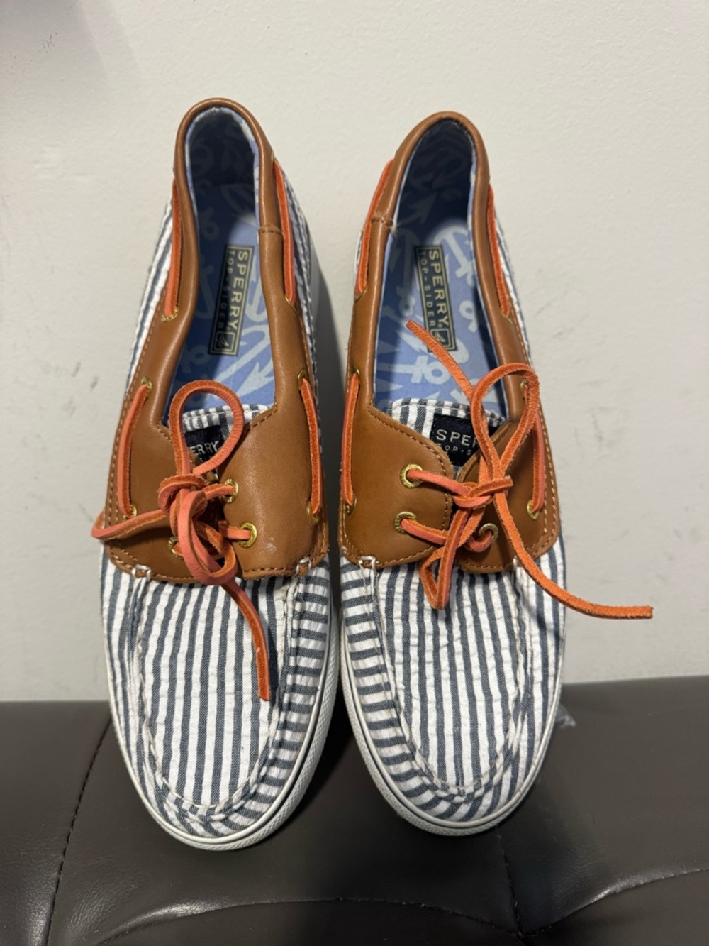 Sperry Blue Anchors Canvas Slip-On with Tan Leather Trim